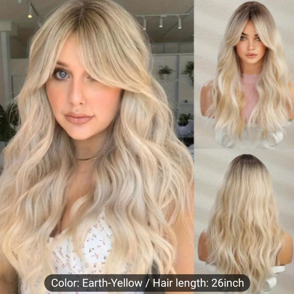 26.0 Inch Blonde Wig, Dark Root Curly Wavy Long Wig, Natural Fluffy Synt… - Picture 7 of 7